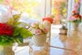 Flower cafe decoration on wood counter bar windows with sun light