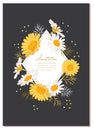Flower card Chamomile background Daisy wreath. Elegant floral card with text space A4 size. Flowers and leaves of