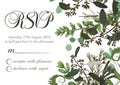 Flower card wedding invitation, rsvp with green watercolor, eucalyptus, forest fern, herbs, eucalyptus, branches of boxwood,