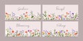 Flower cards set. Horizontal floral borders, banners designs. Spring and summer plants, field, meadow and garden blooms