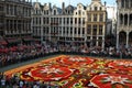 Brussels, Belgium - Flower carpet and crowded Grand Place, architecture behind