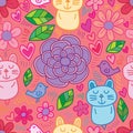 Flower cat bird line unknown seamless pattern