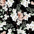 Flower cherry blossom and birds. Floral seamless pattern