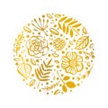 Flower circle shape pattern. Gold Floral card. Hand drawn illustration. Nature vector design. Royalty Free Stock Photo