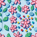 Flower circle style blue bubble rain seamless pattern