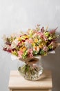 Flower composition on a gray background. Wedding and Festive decor. Bouquet from spring flowers. copy space Royalty Free Stock Photo