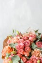 Flower composition on a gray background. Wedding and Festive decor. Powdery pink color. copy space. closeup Royalty Free Stock Photo