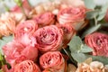 Flower composition on a gray background. Wedding and Festive decor. Powdery pink color. copy space. closeup Royalty Free Stock Photo