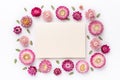 Flower composition. Blank of paper and frame made of dry flowers on white background. Flat lay. Top view. Copy space Royalty Free Stock Photo