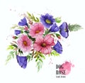 Flower composition. Bouquet of garden flowers. Watercolor illustration of dogrose branch and mallow flowers