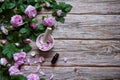 Flowers and leaves of rosehip, petals in a mortar with a pestle and a bottle of essential oil on a wooden background.