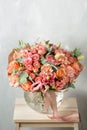 Flower composition on a gray background. Wedding and Festive decor. Powdery pink color. copy space. closeup Royalty Free Stock Photo