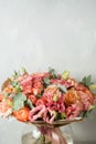 Flower composition on a gray background. Wedding and Festive decor. Powdery pink color. copy space. closeup Royalty Free Stock Photo