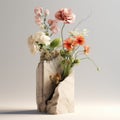 Flower composition in minimalist style. Wildflowers, pink and red poppies, white roses in unusual graphit white marble vase over Royalty Free Stock Photo