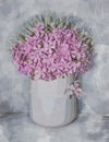 Flower composition, watercolor, painted floral bouquet in soft, pastel colors with close-up pink flowers in a vase on vintage back