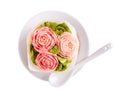 Flower cupcake on white plate isolated on white background. Beautiful sponge cup cake decorated with buttercream roses. Top view, Royalty Free Stock Photo