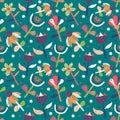 Cute cartoon textured flowers in flat style with dots seamless pattern. Royalty Free Stock Photo