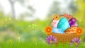 flower decorated basket with beautiful eggs on blur background