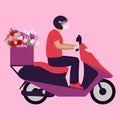 Flower delivery with motorcycle courier in medical mask.