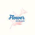 Flower Design Abstract Vector Sign, Symbol or Logo Template. Hand Drawn Retro Lilly Illustration with Gentle Typography Royalty Free Stock Photo