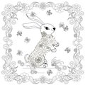 Flower doodle rabbit floral frame monochrome art design element for antistress page, coloring book for