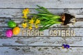 Flower Easter eggs wood background Royalty Free Stock Photo