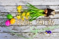 Flower Easter eggs wood background Royalty Free Stock Photo
