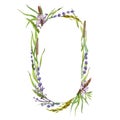 Flower elegant oval herb frame. Lavender and verbena flowers and meadow herbs in decorative banner. Watercolor realistic