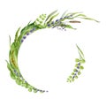 Flower elegant round herb frame. Lavender flowers and lush meadow herbs in decorative banner wreath. Watercolor