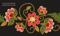 Flower embroidery color illustration on black. Ethnic fabric floral ornament