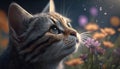 Flower Enchantment Close-Up of a Cute Cat Smelling a Flower, Generative AI