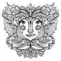 Flower-face line art. Hand-drawn ethnic ornate godess. Black vector illustration on a white background