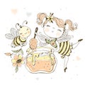 Flower fairy with a pot of honey and a cheerful bee. Vector Royalty Free Stock Photo