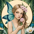 Flower fairy watercolor drawing with a cute girl Royalty Free Stock Photo