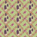 Flower and feather wreath seamless pattern with green background