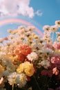 Flower field, beautiful rainbow sky. Royalty Free Stock Photo