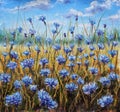 Flower Field. Blue flowers in meadow. Blue sky. Oil painting.