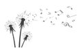 Flower field dandelion with flying notes. Royalty Free Stock Photo