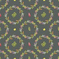 Flower field pastel colors on dark seamless pattern. Repeating liberty doodle flower meadow background. Repeating