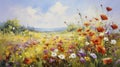 Flower field with poppies, daisies, surrounded by warm sunlight. Spring meadow covered with bright and colorful wildflowers