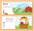 Flower floristic shop vector illustration set, cartoon flat gardener woman character growing rose bushes in greenhouse