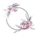 Flower frame. Circular floral wreaths with summer flowers and central white copy space for your text. Handdrawn of wreath with flo