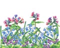 Flower frame of the Fragrant violets, lungwort and Scilla bifolia blue.