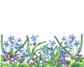 Flower frame of the Fragrant violets and Scilla bifolia blue. Royalty Free Stock Photo