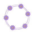 Flower frame isolated on white background. Wreath from violet chamomile. Flat vector illustration for decorations