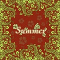 Flower frame, summer, border of flowers, card. Green abstract flowers on a red background. Royalty Free Stock Photo