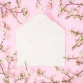 Flower frame with white flowers and paper vintage card on pink background Royalty Free Stock Photo