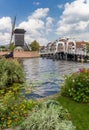 Flower in front of a historic windmill in Leiden Royalty Free Stock Photo