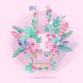 Flower garden on cute swings. Vector illustration