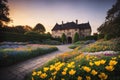 Flower garden, flowerbed close-up near old house, landscaping, beautiful nature in summer. Generative AI Royalty Free Stock Photo